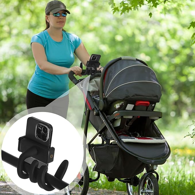 Amylove 2 Pcs Stroller Phone Holder Portable Cell Phone Holder Stand Universal Stroller Accessories for Parent Baby Toddler Cellphone Clamp with Non Slip Silicone Arm Grip(Black, Grey,Novel)