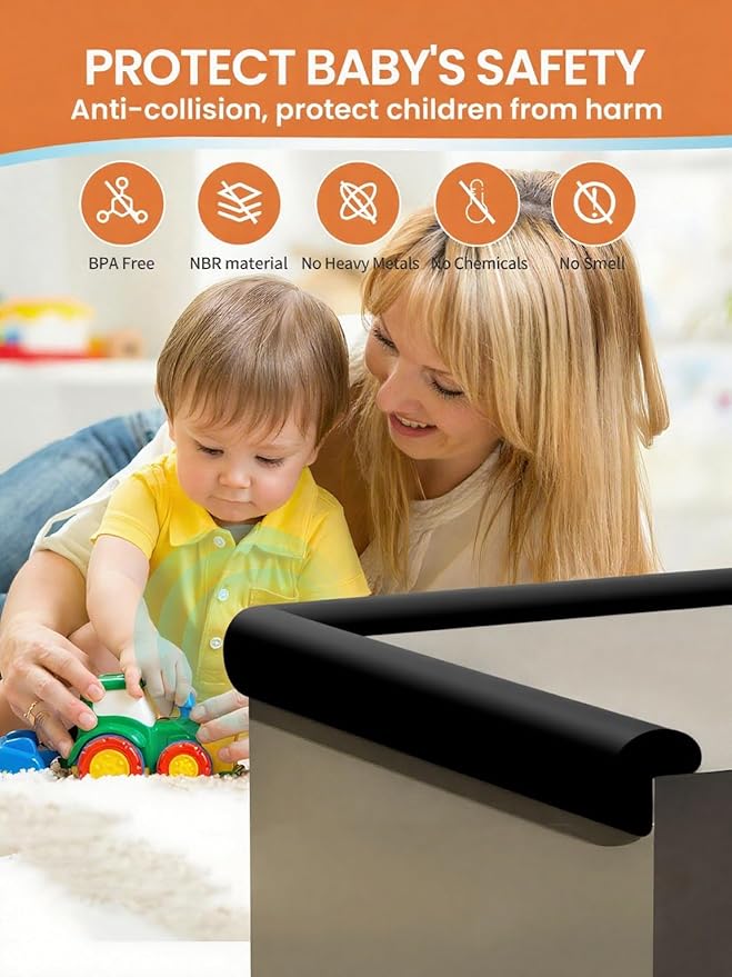 Baby Proof Edge Corner Protector, 6.56FT 0.47''Th L-Shape Furniture Corner & Edge Safety Bumpers with 6 Corners, Pre-Taped, Soft NBR Rubber Foam Desk Edge Cushion Wall Corner Protector(Black)