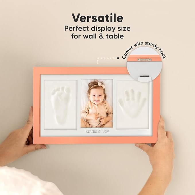 Baby Hand and Footprint Kit - Clay Handprint Keepsake Frame, Newborn Nursery Picture Frame, Personalized New Mom Gifts for Baby Shower & Registry (Salmon)