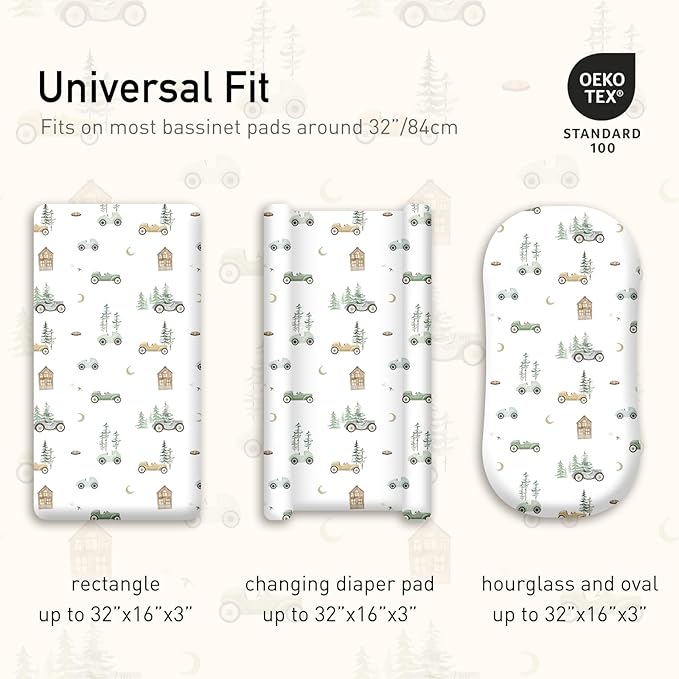 Gllquen Baby Bassinet Sheets 4 Pack, Breathable Cozy Fitted Mattress Sheet, Elastic Travel Crib Fashionable Pattern, Standard Cradle Safe Sheets for Baby Boys Girls 32"x16" (Car)