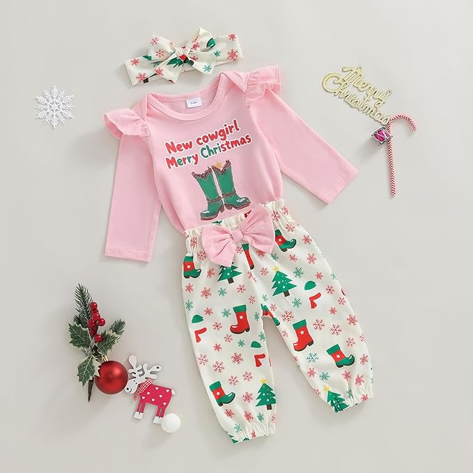 Fernvia Western Newborn Baby Girl Clothes Long Sleeve Letter Print Romper Animal Print Pants Headband 3Pcs Outfits Sets