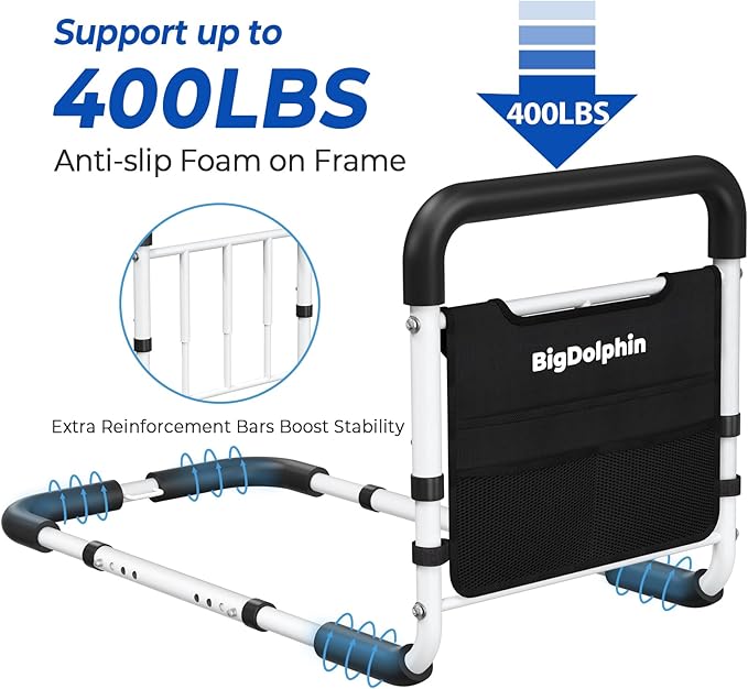 Bed Rails for Elderly Adults Safety - ASTM-Compliant, Adjustable Bed Cane with Non-Slip Ergonomic Handle & Storage Pocket, 2026 Upgrade Bed Railings for Seniors Support 400 LBS, Tool-Free Assembly