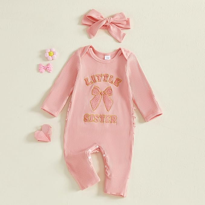 WZTYYDS Newborn Baby Girl Clothes Ribbed Romper Print Long Sleeve Jumpsuits Bow Headband Set Infant One-piece Outfits