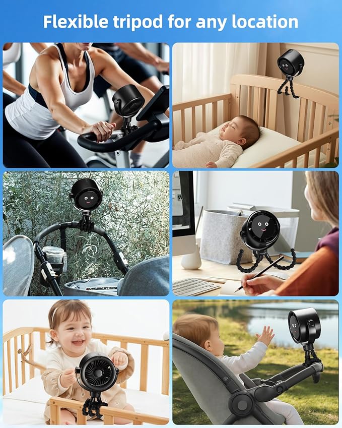 Stroller Fan Portable, Personal Fan for Travel, Air Turbo Tech & Digital display, Detachable 5 Speeds Rechargeable 360° Rotate Flexible Tripod Fan, For Home Office Stroller Camping - Black
