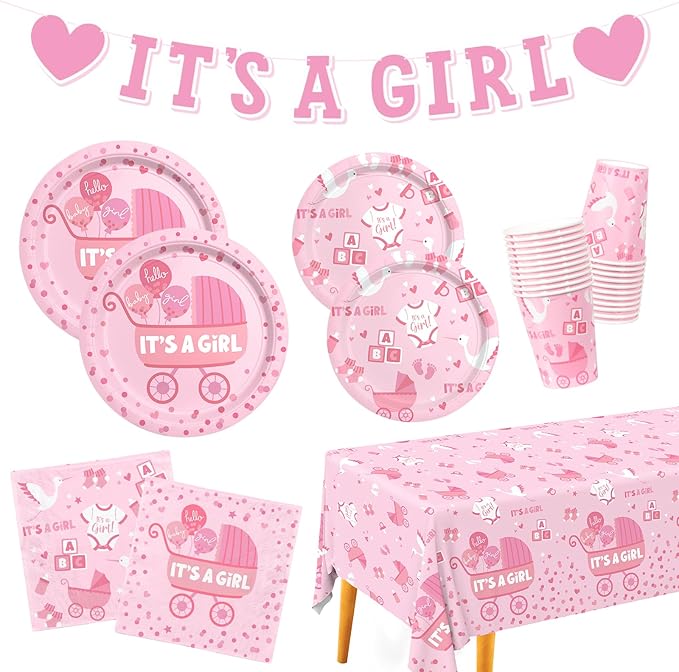 Baby Girl Shower Decorations for 24 Guests - It’s A Girl Decorations Kit Including Disposable Plates, Napkins, Cups, Tablecloth & Banner for Baby Shower Decorations Girl