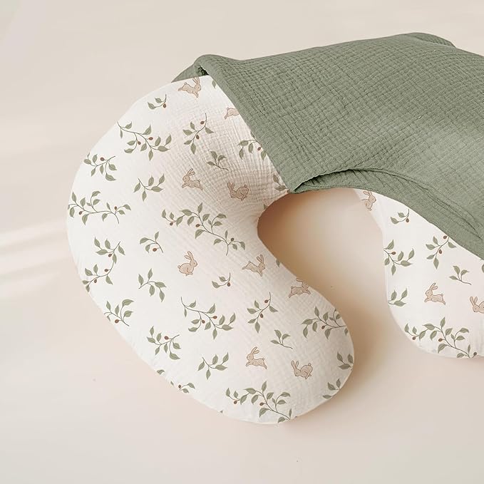 Konssy Muslin Nursing Pillow Covers, Soft and Cute Nursing Covers for Breastfeeding Pillows, Ideal for Newborn Baby Boys and Girls (Fog Green, Sprout) - 2 Pack