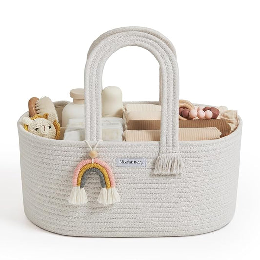 Blissful Diary Baby Diaper Caddy Organizer, Cotton Rope Diaper Caddy Basket, Oval Storage Basket, Gift for Baby Shower, Newborn Essentials, Beige
