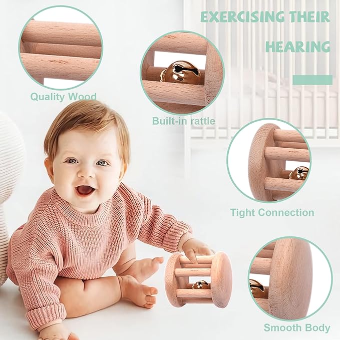 6 Pieces Toy Set- Wooden Baby Toys for Babies 0-6 Months,Wooden Toys for Babies Rattles with Bells,Wooden Rattles Push Car,Wood Rattle Toys Gifts for Boys Girls,Montessori Toys for Babies 0-6 Months