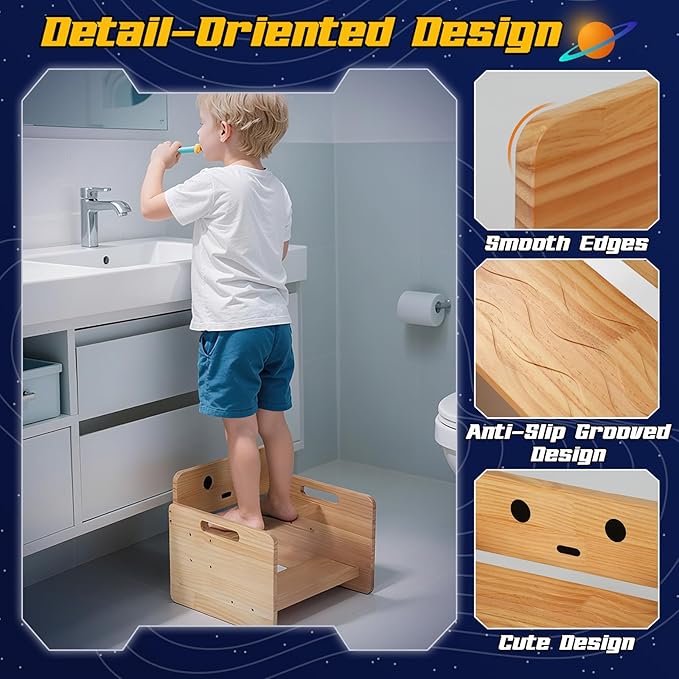 COSYLAND Robot Shaped Kids Step Stool with Handle - Height Adjustable 2 Step Stool for Toddlers - Stable Wooden Nursery Step Stool for Toilet Potty Training, Bathroom, Kitchen (Natural)