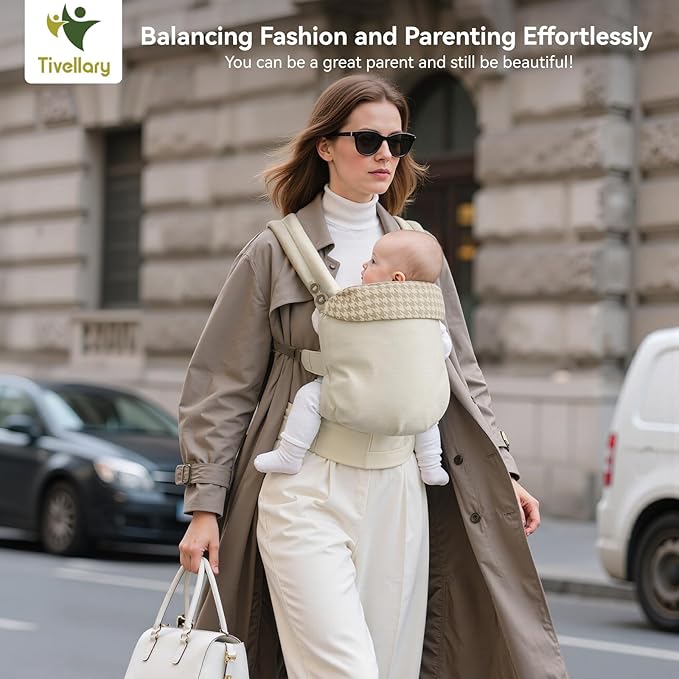 Reversible Baby Carrier, Khaki Solid & Houndstooth; Lightweight, Cooling & Breathable Lyocell Fabric; Ergonomic Lumbar Support and Quick Hands-Free Wear for Newborn to Toddler (7–44 lbs)