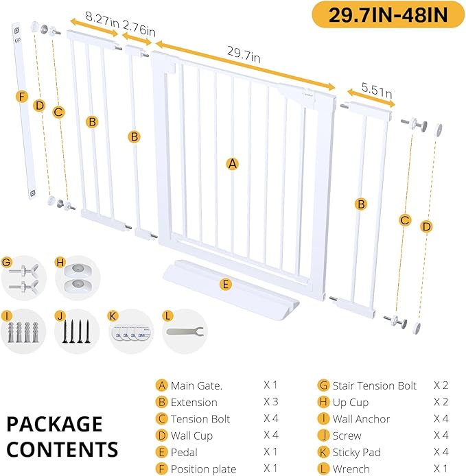 Cumbor 29.7-48" Baby Gate for Stairs, Mom's Choice Awards Winner-Dog Gates for Doorways, Auto Close Safety Pet Gate for Dogs Indoor, Easy Install Pressure Mounted Child Gate with Walk Thru Door, White