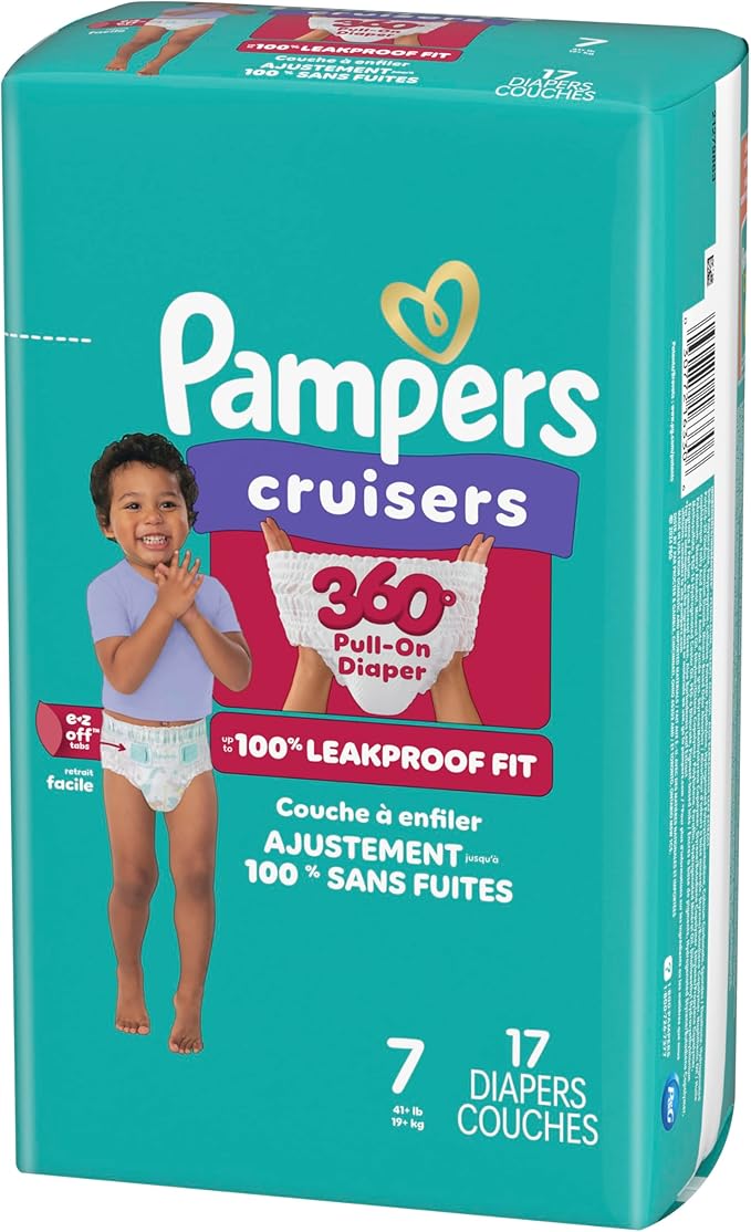 Pampers Diapers - Cruisers 360 - Size 7, 17 Count, Babyproof up to 100% Leakproof Pull-On Diaper (Packaging May Vary)