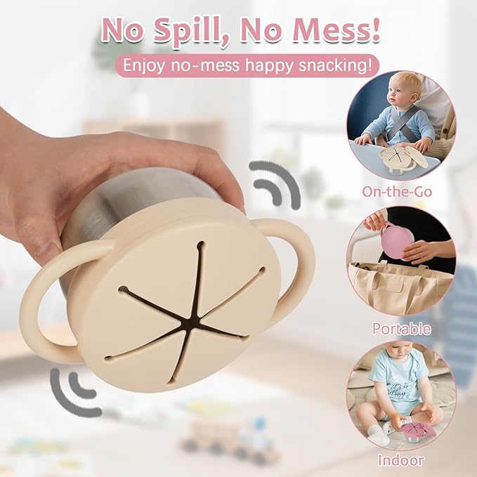 2 Pack 304 Stainless Steel Snack Cups for Toddlers, Toddler Snack Containers with Spill-Proof Silicone Travel Lid & Handle, Dishwasher Safe, Removable Snack Cup for Baby, Toddler, Kids