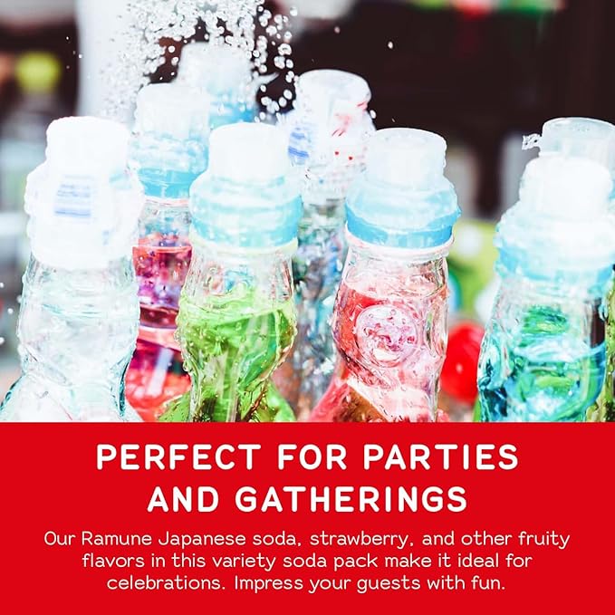 Shirakiku Ramune Japanese Soda Variety Pack | Japanese Marble Soda in Multiple Flavors | Original, Strawberry, Melon, Lychee, Grape, Blueberry - 6.76 fl oz Bottles - Pack of 6