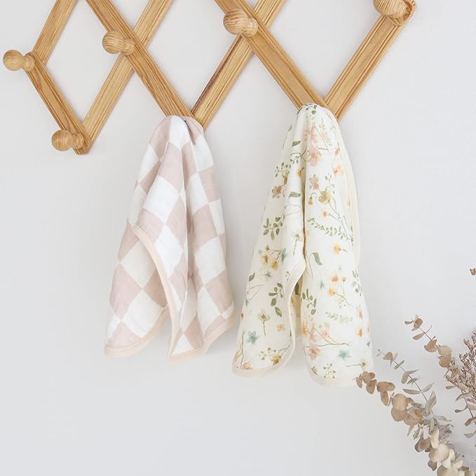 LifeTree Muslin Baby Burp Cloths - Soft 2 Pack Viscose Bamboo Cotton Large 22'' by 10'' Absorbent Milk Spit Up Rags - Burping Cloths for Newborn, Girls Boy (Floral & Checkerboard)