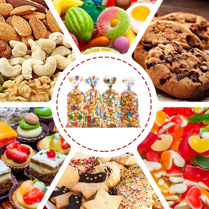 100 PCS Happy Birthday Cellophane Treat Bags(5.1x10.6 Inch) with Ties Colorful Plastic Goodie Candy Cookie Goody Loot Gifts Bags Bulk Pouches for Birthday Party Favors Supplies Decorations for Kids