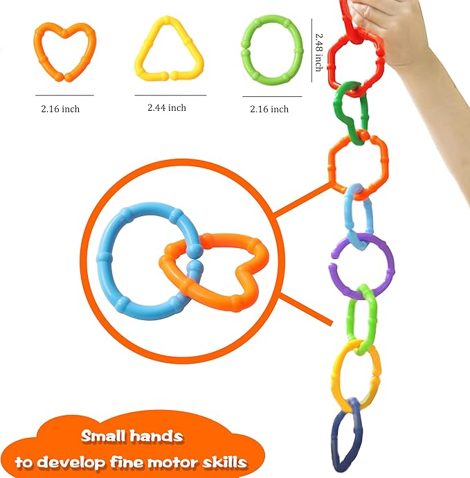 RAINBOW TOYFROG Baby Links Rings - 35 Geometric Linking Chains for Infants & Toddlers - Safe Teething and Sensory Development Toys - Car Seat & Stroller Accessories