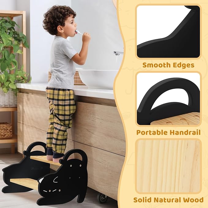 COSYLAND Two Step Stool for Kids - Non-Slip Toddler Potty Training Stool for Sink/Kicthen/Bathroom/Bedroom, Lovely Cat Style Toddler Step Stool with Handles Easy to Move (Natural & Black)