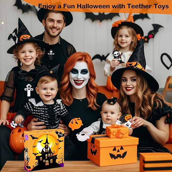 Halloween Baby Teething Toys Set 7Pack: Teething Mittens, Ring & Flat Teethers, Sensory Chew Necklaces – Ideal Gift for Newborns, Infants & Toddlers – Perfect Baby’s First Halloween Basket Stuffer