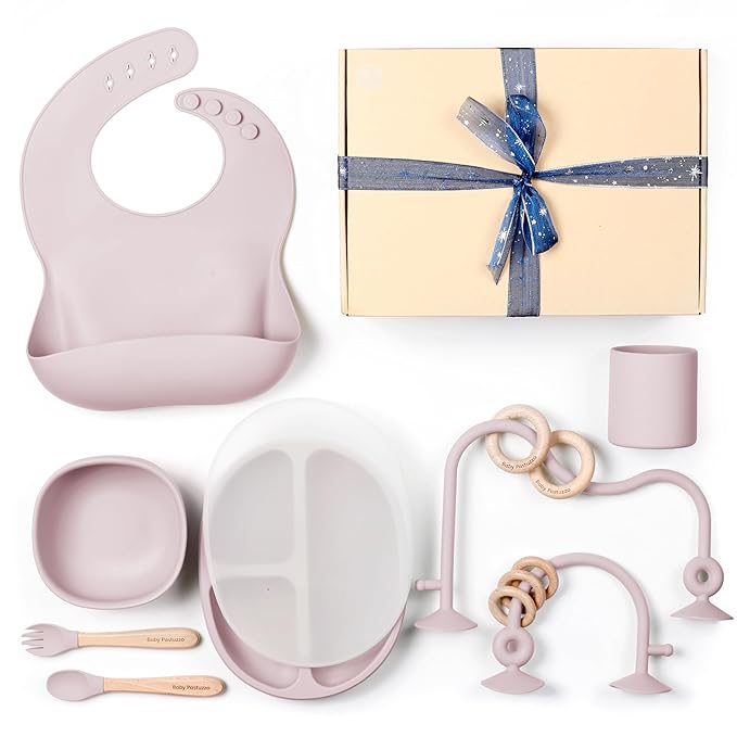 Set of Silicone Feeding Set 6 in 1 and Educational Montessori Toys, for Baby and Infant Toddlers (Rose Pink)