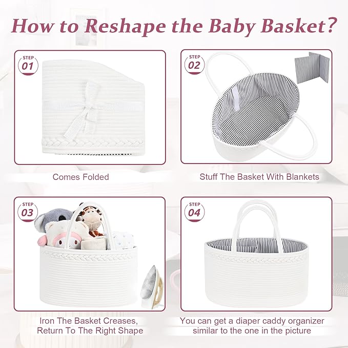 Baby Diaper Caddy Organizer, Cotton Rope Diaper Basket, Changing Table Storage Caddy With Removable Divider, Baby Basket for Nursery, Car, Diapers, Baby Shower Gifts for Newborn