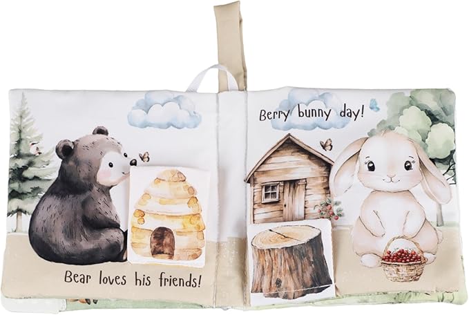 Ali+Oli Baby Cloth Book – Soft Sensory Crinkle Book with Teether for Infants 0-12 Months – Early Learning Touch & Feel Tummy Time Toy – Newborn Shower Gift for Boys & Girls - Forest Friends