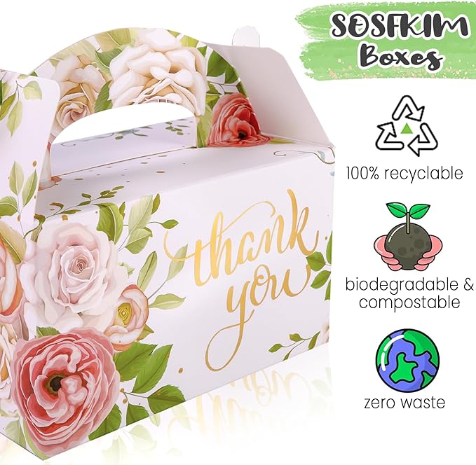 SOSFKIM Thank You Treat Boxes 12 Pack - Floral Party Favor Boxes Bulk Embossed Gold Foil - Goodie Gable Boxes for Baby Shower, Wedding, Birthday 6.3x3.5x3.5 Inch