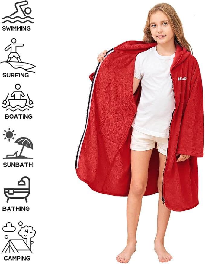 Hiturbo Kids Bath Towel Hoodie: Soft Plush Zipper Surf Poncho - Warm Fleece Changing Towels Swimming Outerwear (Red)