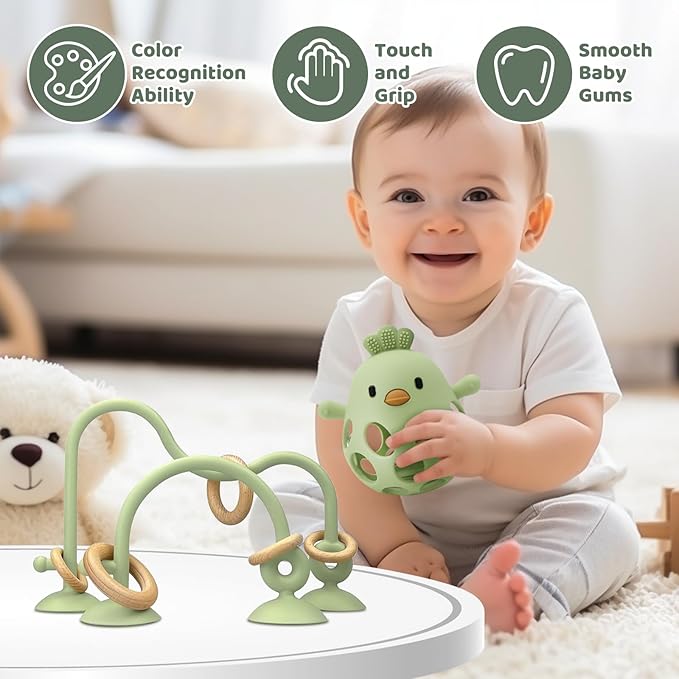 Baby High Chair Toys Teething Chew - Baby Suction Table Toys, Teething Silicone Teethers, Table, Food Grade Silicon for 6 12 18 Months (Green)