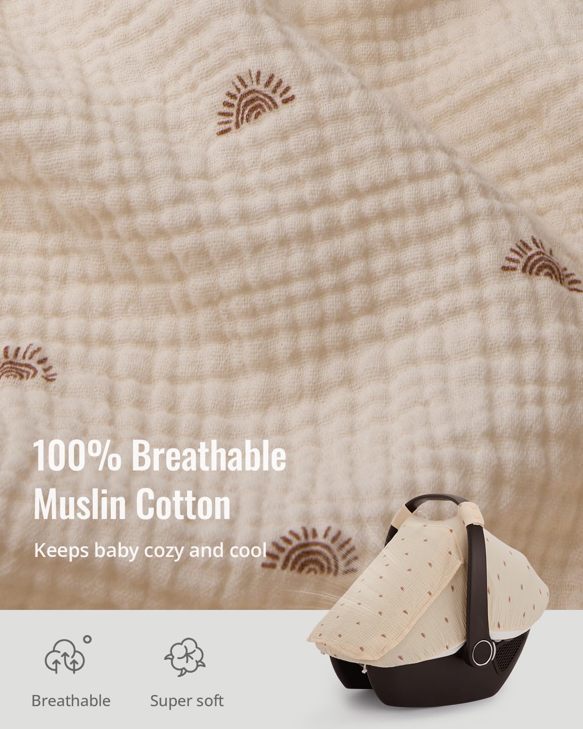 Blissful Diary Baby Car Seat Cover, Extra Large Mesh Window, Breathable Muslin Cotton, Infant Windproof Canopy, Must-Have Baby Gift - Roman Green