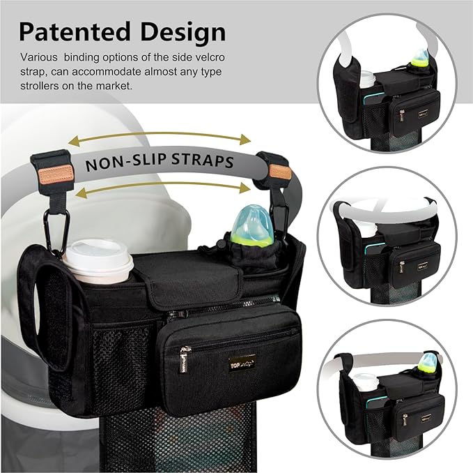 TOPDesign Universal Baby Stroller Organizer, Stroller Caddy with Detachable Mesh Bag & Heightened Insulated Cup Holders & Non-Slip Secure Hooks Accessories, Fits Most Strollers (Butterfly)
