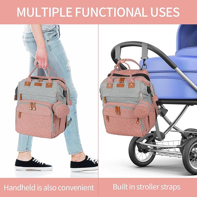 large diaper bag backpack,baby bag with changing station for Boys Girls,Multifunctional Diaper Bag,Mommy Bag With USB Charging Port(Pink Grey)