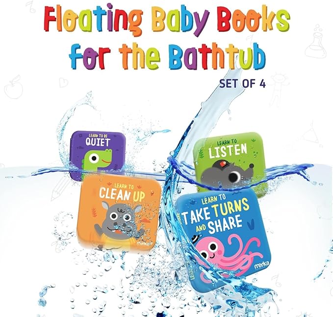 merka Learning Tub Bath Book Set for Toddlers - 6 x 6 in, Multicolor, 4-Pack - Baby Bath Toy for 3 Year Old - Waterproof Floating Bathtub Toys