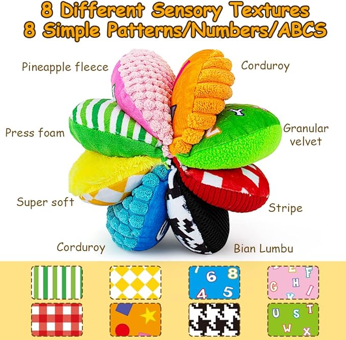 8-in-1 Sensory Balls for Infant Toddlers,Rainbow Fabric Baby Toy for Sensory Development,Montessori Toys for Babies 6-12 Months,8 Different Sensory Tactile Textures with Crinkle Rattle Squeakers