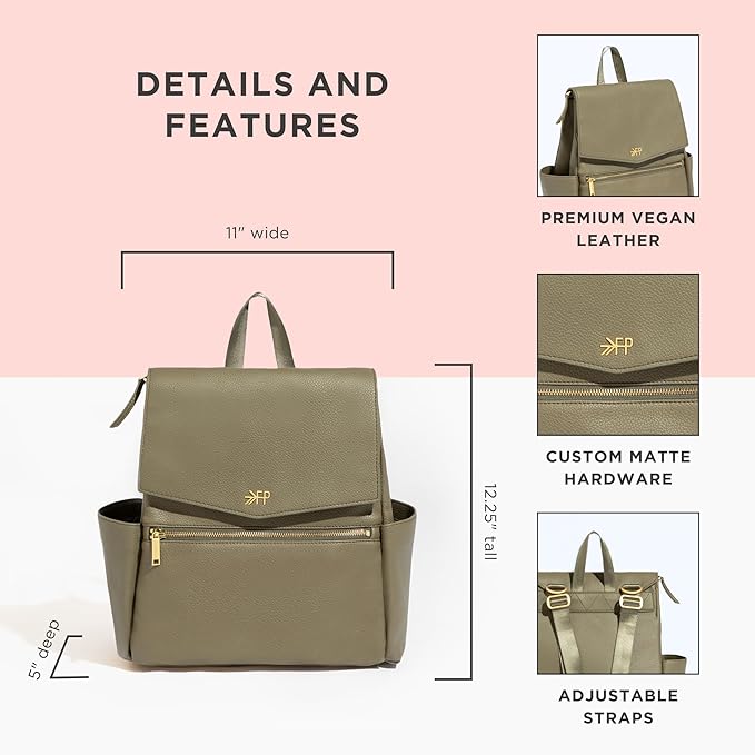 Freshly Picked Mini Classic Diaper Bag Backpack, Wipeable Vegan Leather Baby Diaper Bag, 8 Pockets Total (Sage Green)