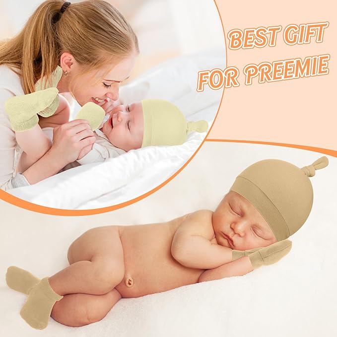 6 Pcs Preemie Hats Mittens and Socks Set Cotton Preemie Cap Knotted Hat No Scratch Warm Terry Socks for Boys Girls