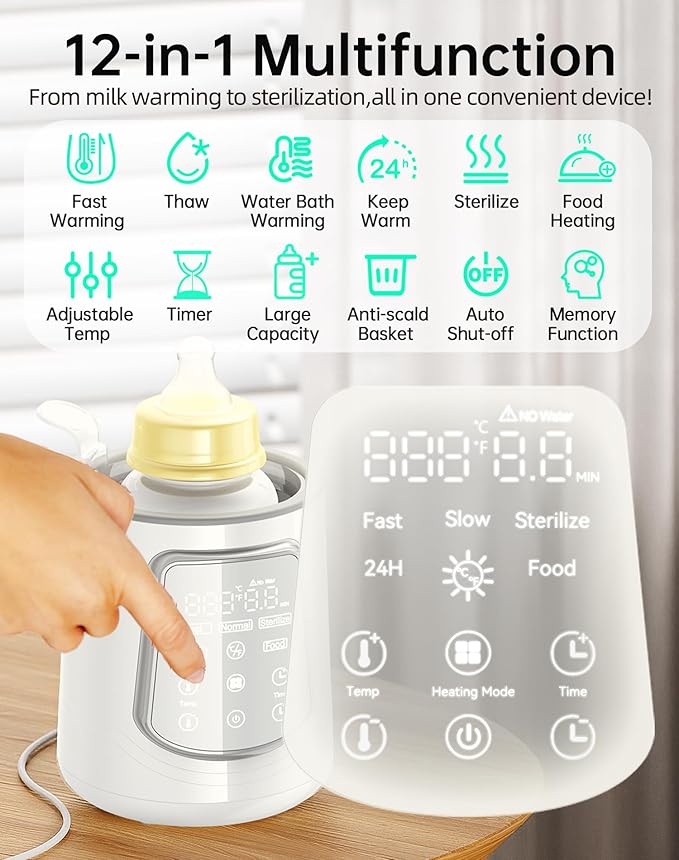 Fast Baby Bottle Warmer for Breastmilk, Smart 12 in 1 Breast Milk Warmer for Baby Essentials with Timer Temperature Control, Sterili-zing, Water Bath Technology, Baby Warmer for All Bottles Food Jars