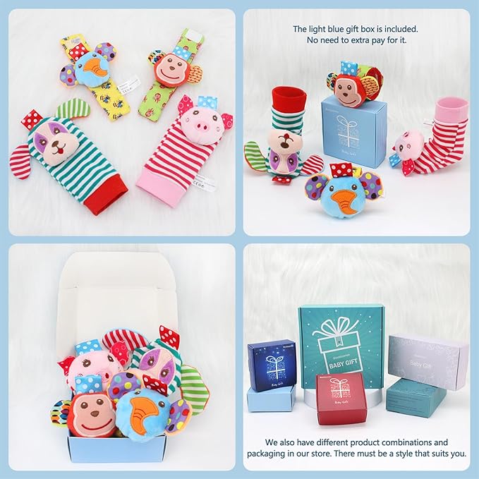 Infant Rattle Socks Toys 0 to 12 Months, Baby Wrist Rattle Foot Finder Socks Set, Birthday Holiday Present for Newborn Boy Girl 0/3/4/6/7/8/9/12/18 Months Kids Toddler, Gift Box Package (4A)
