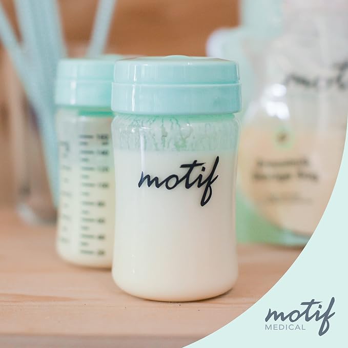 Motif Medical Breast Milk Storage Bottles for Luna Breast Pump - Durable Plastic Breastfeeding Essentials w/Locking Rings, Lids & Nipple Caps - Breast Milk Container (Set of 2, 160 ml)