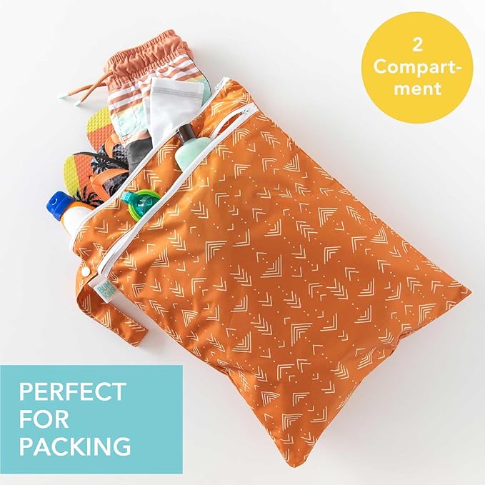 Bumkins Waterproof Wet Dry Bag for Baby, Travel, Swim Suit, Cloth Diapers, Pump Parts, Pool, Beach, Gym Clothes, Toiletry, Hook to Stroller, Daycare, Zipper Reusable Wetdry Packing Pouch, Boho Orange