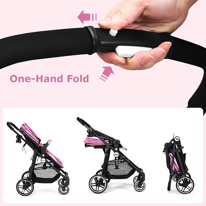 INFANS 2 in 1 Baby Stroller, High Landscape Infant Stroller & Reversible Bassinet Pram, Foldable Pushchair with Adjustable Canopy, Storage Basket, Cup Holder, Suspension Wheels (Pink)