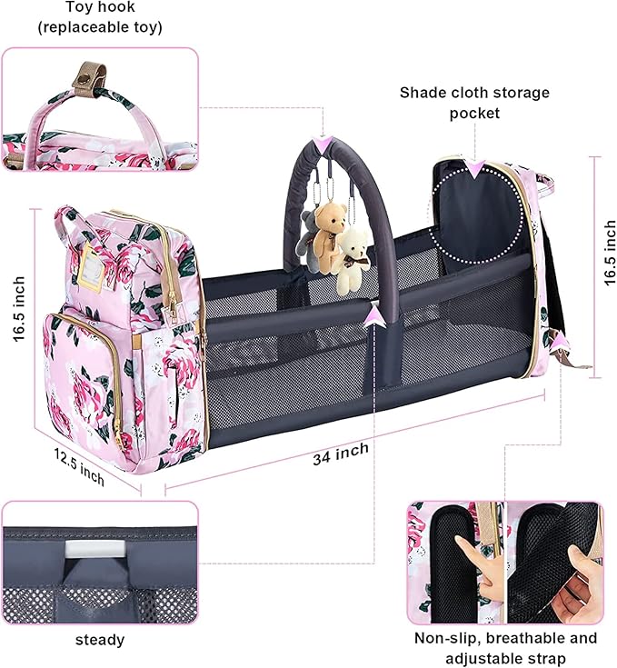 Diaper Bag Backpack with Changing Station, Foldable for Bady Toddler, 3 in 1 Large Capacity Newborn Essentials Organizer with Stroller Hook for Girls and Boys(Pink)