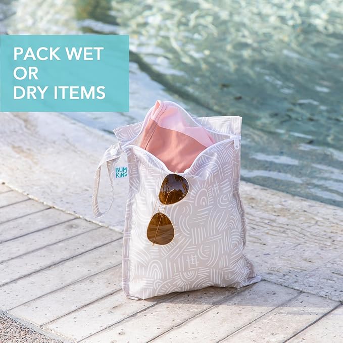 Bumkins Waterproof Wet Bag for Baby, Travel, Swim Suit, Cloth Diapers, Pump Parts, Pool, Beach, Gym Clothes, Toiletry, Hook to Stroller, Daycare, Zipper Reusable Wetdry Packing Pouch, Boho Beige