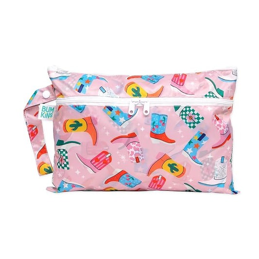 Bumkins Waterproof Wet Dry Clutch Bag for Baby, Travel, Swim Suit, Cloth Diapers, Pump Parts, Pool, Gym Clothes, Toiletry, Hook to Stroller, Pack for Daycare, Zip Bag, Packing Pouch, Cowgirl Boots
