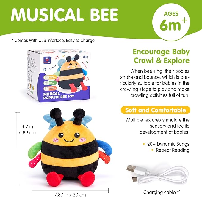 hahaland Baby Toy for 6 + 12 18 Months – Crawling Musical Dancing Bouncing Learning Bee Plush, Interactive Tummy Time Toy for 1 2 3 Year Old Boys Girls Birthday Gifts