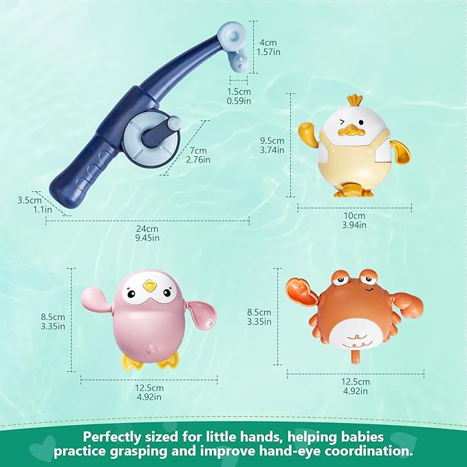5PCS Baby Bath Toys Cute Pull String Bathtub Toy with Pull & Go Swimming Toys Magnetic Fishing Games Kids Wind-up Floating Water Bathtub Toy