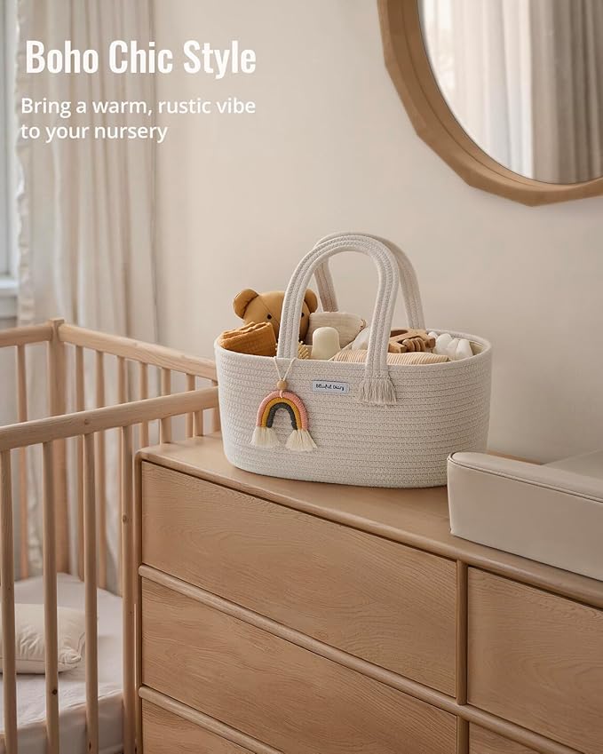 Blissful Diary Baby Diaper Caddy Organizer, Cotton Rope Diaper Caddy Basket, Oval Storage Basket, Gift for Baby Shower, Newborn Essentials, Beige