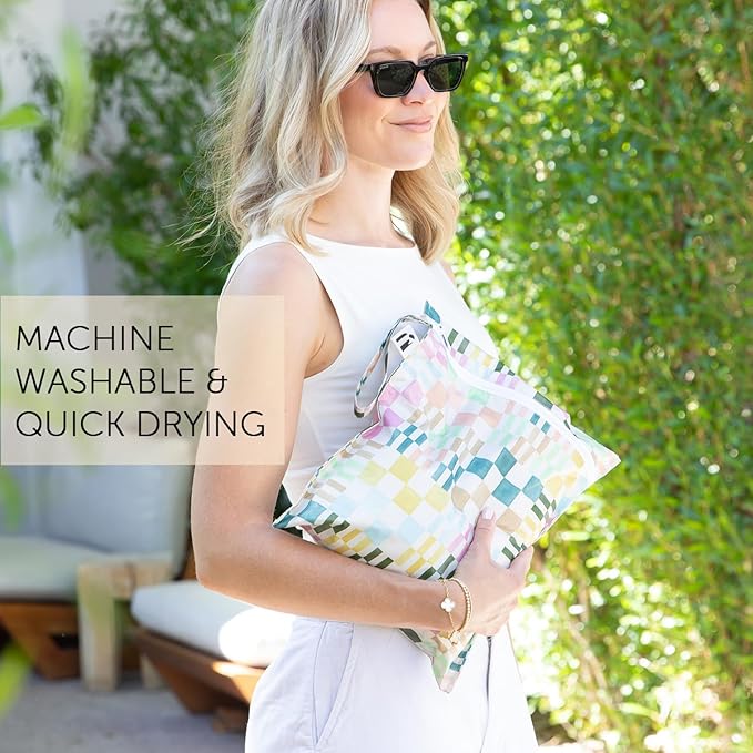 Roamio Waterproof Wet Bag for Baby, Travel, Swim Suit, Cloth Diapers, Pump Parts, Pool, Gym Clothes, Beach, Toiletry, Hook to Stroller, Daycare, Zipper Reusable Bag, Wetdry Packing Pouch, Multi Check