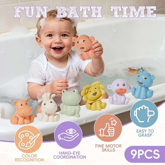 Bath Toys, Wild Animal 9 Pack | Sealed, No Hole & Mold Free Bath Toys Design | Soft, Squeezable & Float on Water | Safe, Easy-Grip Baby & Toddler Bath Toy Set | Baby Pool Toys