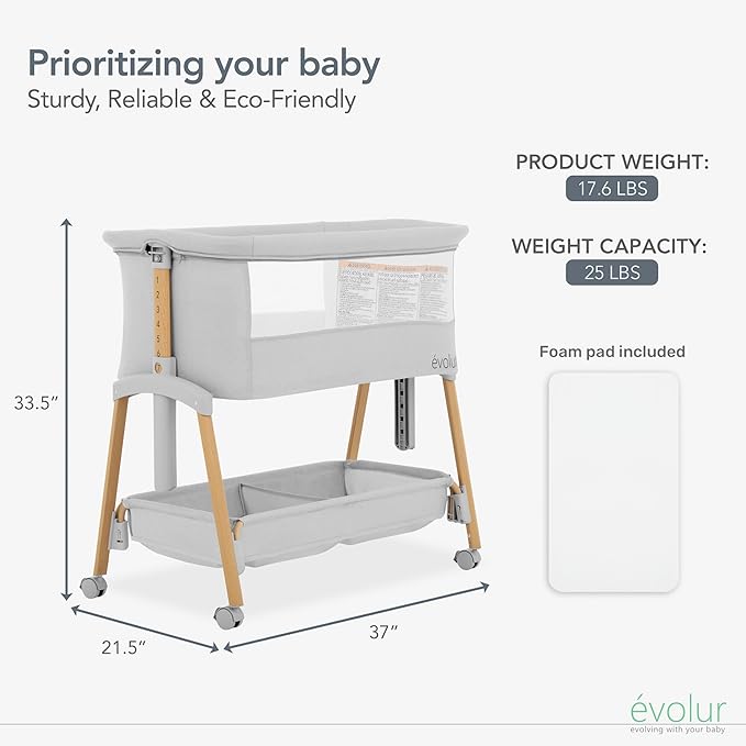 Evolur Lullaby Portable Bassinet with Wheels | Adjustable Bedside Sleeper, Breathable Mesh Sides, Large Storage Basket, Easy Fold, and Travel Bag Included | Perfect for Newborns & Infants